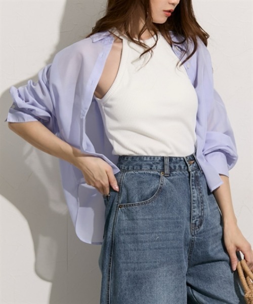 nissen（ニッセン）の「ショート丈シアーシャツ（シャツ/ブラウス・レディース・イエロー/ベージュ/ピンク/グリーン/ブルー・S/M/L/LL）」の8枚目の写真