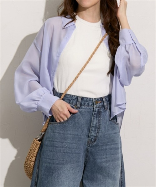 nissen（ニッセン）の「ショート丈シアーシャツ（シャツ/ブラウス・レディース・イエロー/ベージュ/ピンク/グリーン/ブルー・S/M/L/LL）」の9枚目の写真