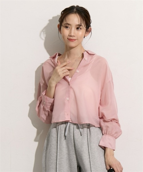 nissen（ニッセン）の「ショート丈シアーシャツ（シャツ/ブラウス・レディース・イエロー/ベージュ/ピンク/グリーン/ブルー・S/M/L/LL）」の22枚目の写真