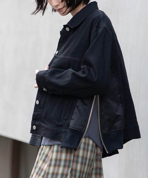 8ozデニム×ナイロンツイルドッキングトラッカージャケット（デニム
