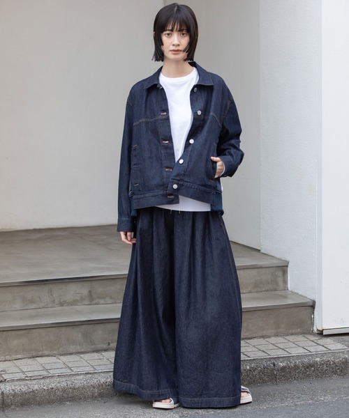 Munich(ミューニック)の「8ozデニム×ナイロンツイルドッキングトラッカージャケット(デニムジャケット・レディース・インディゴブルー/ブラック・FREE)」の4枚目の写真