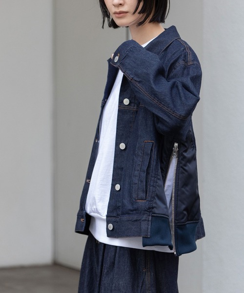 Munich(ミューニック)の「8ozデニム×ナイロンツイルドッキングトラッカージャケット(デニムジャケット・レディース・インディゴブルー/ブラック・FREE)」の8枚目の写真
