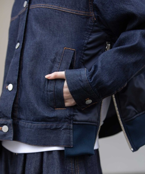 Munich(ミューニック)の「8ozデニム×ナイロンツイルドッキングトラッカージャケット(デニムジャケット・レディース・インディゴブルー/ブラック・FREE)」の20枚目の写真