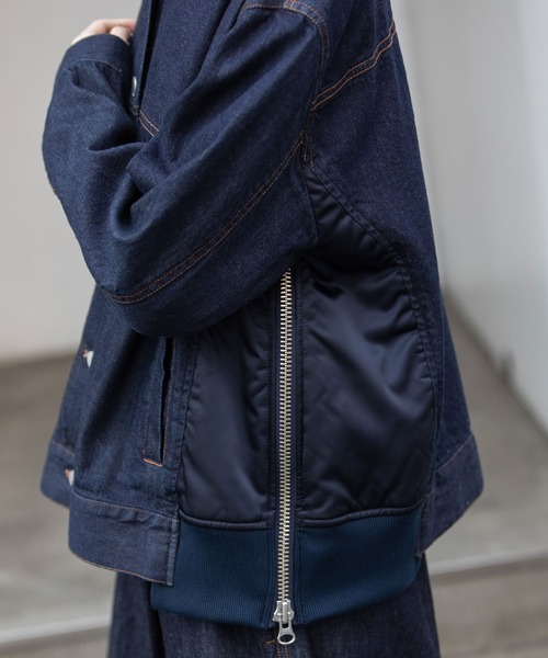 Munich(ミューニック)の「8ozデニム×ナイロンツイルドッキングトラッカージャケット(デニムジャケット・レディース・インディゴブルー/ブラック・FREE)」の22枚目の写真