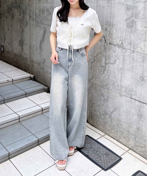 INGNI（イング）の「フロントリボン半袖ニットカーディガン＋レースリブキャミセット（アンサンブル・レディース・ピンク/ネイビー/アイボリー/サックスブルー・M）」の22枚目の写真