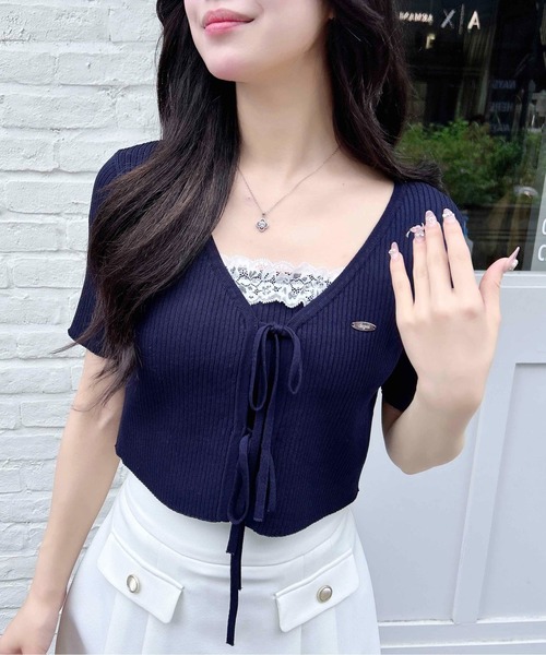 セール】フロントリボン半袖ニットカーディガン＋レースリブ