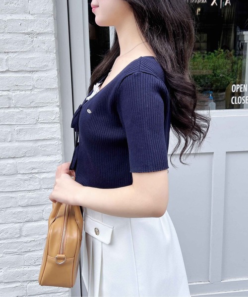 INGNI（イング）の「フロントリボン半袖ニットカーディガン＋レースリブキャミセット（アンサンブル・レディース・ピンク/ネイビー/アイボリー/サックスブルー・M）」の19枚目の写真