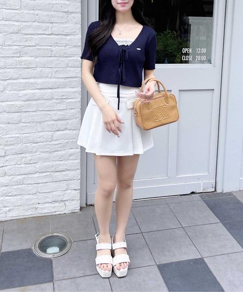 INGNI（イング）の「フロントリボン半袖ニットカーディガン＋レースリブキャミセット（アンサンブル・レディース・ピンク/ネイビー/アイボリー/サックスブルー・M）」の16枚目の写真