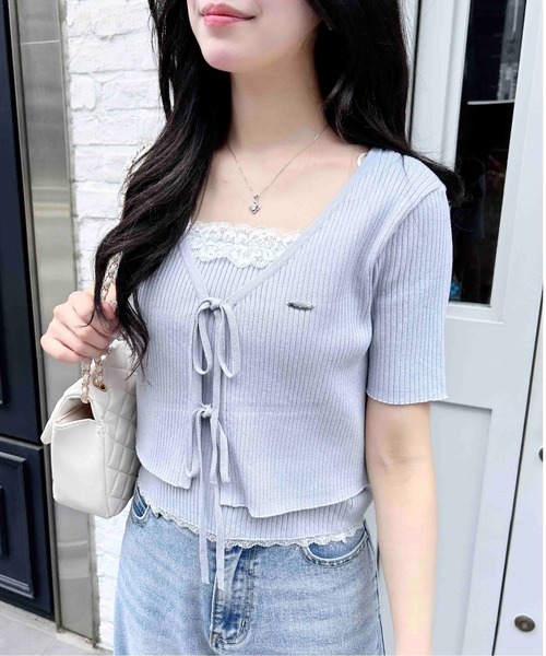 フロントリボン半袖ニットカーディガン＋レースリブキャミセット