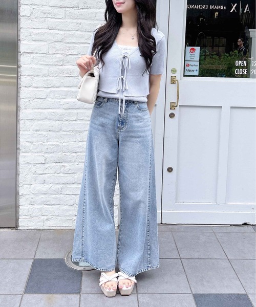 INGNI（イング）の「フロントリボン半袖ニットカーディガン＋レースリブキャミセット（アンサンブル・レディース・ピンク/ネイビー/アイボリー/サックスブルー・M）」の10枚目の写真