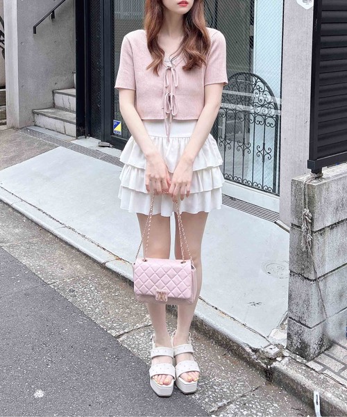 INGNI（イング）の「フロントリボン半袖ニットカーディガン＋レースリブキャミセット（アンサンブル・レディース・ピンク/ネイビー/アイボリー/サックスブルー・M）」の6枚目の写真