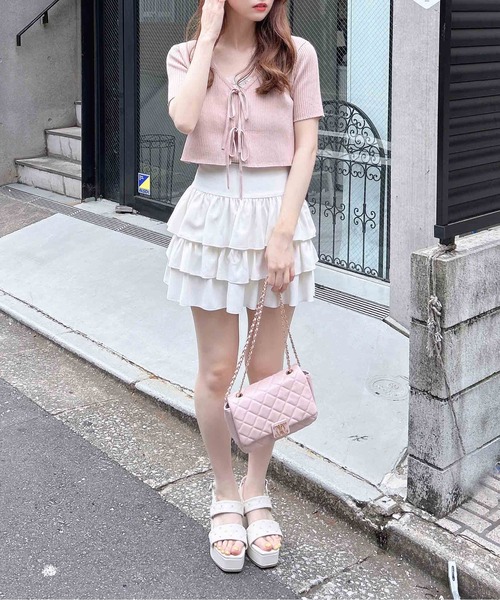 INGNI（イング）の「フロントリボン半袖ニットカーディガン＋レースリブキャミセット（アンサンブル・レディース・ピンク/ネイビー/アイボリー/サックスブルー・M）」の5枚目の写真