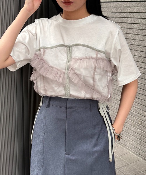&g'aime(アンジェム)の「【&g'aime】チュールビスチェレイヤードT Tulle Bustier Layered Tee(Tシャツ/カットソー・レディース・ブラック/ホワイト・FREE)」の1枚目の写真