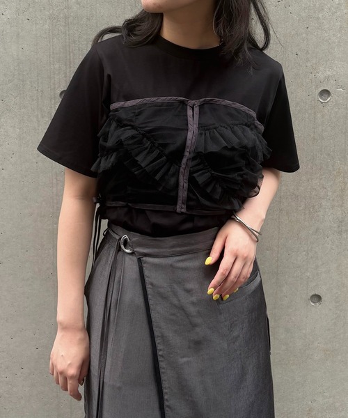 &g'aime(アンジェム)の「【&g'aime】チュールビスチェレイヤードT Tulle Bustier Layered Tee(Tシャツ/カットソー・レディース・ブラック/ホワイト・FREE)」の2枚目の写真