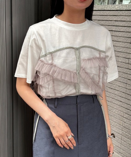 &g'aime(アンジェム)の「【&g'aime】チュールビスチェレイヤードT Tulle Bustier Layered Tee(Tシャツ/カットソー・レディース・ブラック/ホワイト・FREE)」の3枚目の写真