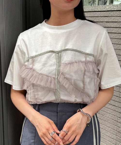 &g'aime(アンジェム)の「【&g'aime】チュールビスチェレイヤードT Tulle Bustier Layered Tee(Tシャツ/カットソー・レディース・ブラック/ホワイト・FREE)」の4枚目の写真