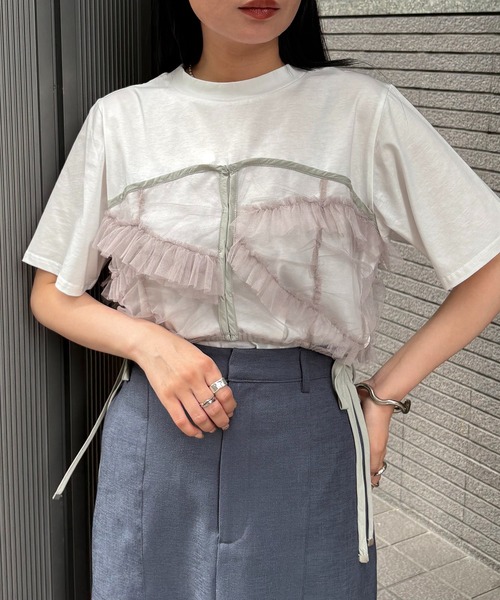 &g'aime(アンジェム)の「【&g'aime】チュールビスチェレイヤードT Tulle Bustier Layered Tee(Tシャツ/カットソー・レディース・ブラック/ホワイト・FREE)」の5枚目の写真