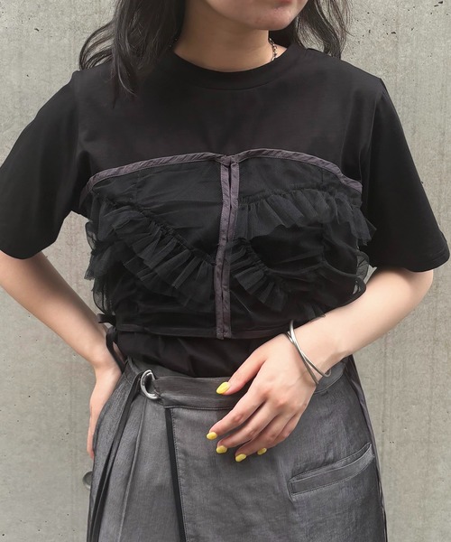 &g'aime(アンジェム)の「【&g'aime】チュールビスチェレイヤードT Tulle Bustier Layered Tee(Tシャツ/カットソー・レディース・ブラック/ホワイト・FREE)」の16枚目の写真