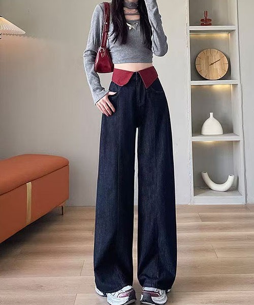 gossip！ロサンゼルス（ゴシップロサンゼルス）の「ウエストフリップ配色デザイン ハイウエストワイドデニムパンツ レディース ロング丈 Y2K インディゴ（デニムパンツ・レディース・インディゴブルー・S/L/M）」の2枚目の写真