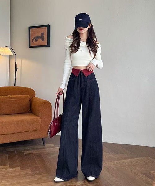 gossip！ロサンゼルス（ゴシップロサンゼルス）の「ウエストフリップ配色デザイン ハイウエストワイドデニムパンツ レディース ロング丈 Y2K インディゴ（デニムパンツ・レディース・インディゴブルー・S/L/M）」の3枚目の写真