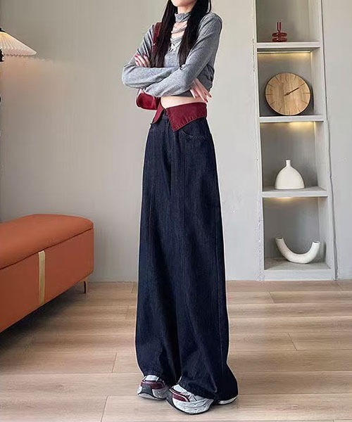 gossip！ロサンゼルス（ゴシップロサンゼルス）の「ウエストフリップ配色デザイン ハイウエストワイドデニムパンツ レディース ロング丈 Y2K インディゴ（デニムパンツ・レディース・インディゴブルー・S/L/M）」の4枚目の写真