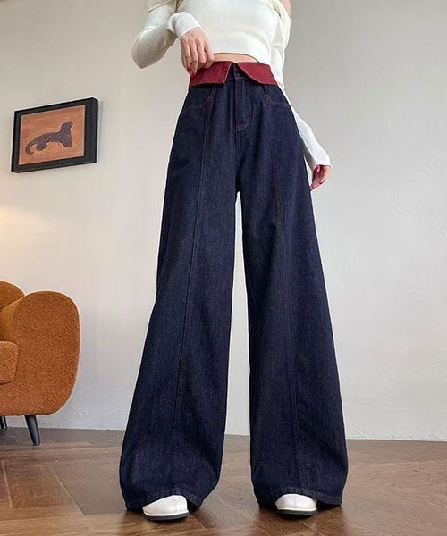 gossip！ロサンゼルス（ゴシップロサンゼルス）の「ウエストフリップ配色デザイン ハイウエストワイドデニムパンツ レディース ロング丈 Y2K インディゴ（デニムパンツ・レディース・インディゴブルー・S/L/M）」の5枚目の写真