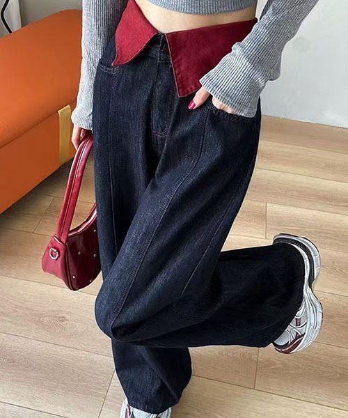 gossip！ロサンゼルス（ゴシップロサンゼルス）の「ウエストフリップ配色デザイン ハイウエストワイドデニムパンツ レディース ロング丈 Y2K インディゴ（デニムパンツ・レディース・インディゴブルー・S/L/M）」の6枚目の写真