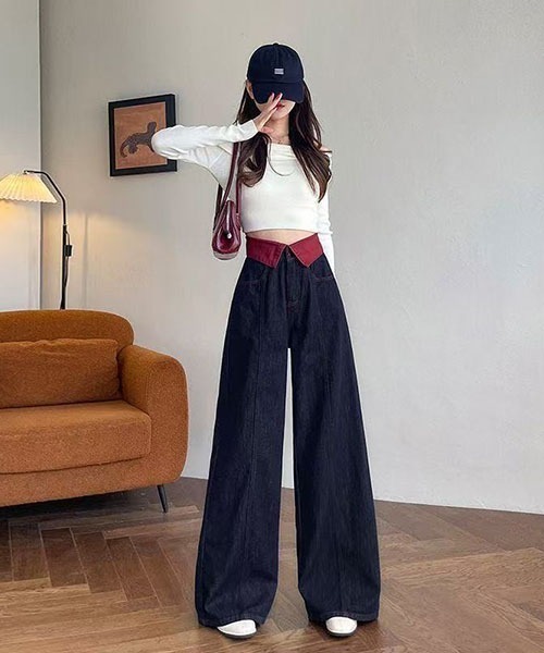 gossip！ロサンゼルス（ゴシップロサンゼルス）の「ウエストフリップ配色デザイン ハイウエストワイドデニムパンツ レディース ロング丈 Y2K インディゴ（デニムパンツ・レディース・インディゴブルー・S/L/M）」の9枚目の写真