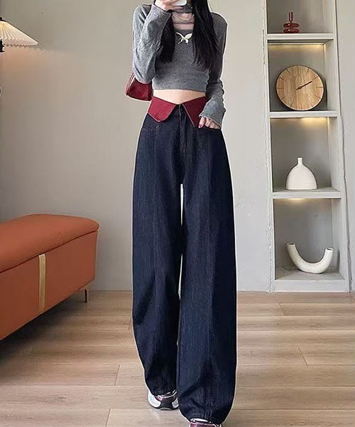 gossip！ロサンゼルス（ゴシップロサンゼルス）の「ウエストフリップ配色デザイン ハイウエストワイドデニムパンツ レディース ロング丈 Y2K インディゴ（デニムパンツ・レディース・インディゴブルー・S/L/M）」の10枚目の写真