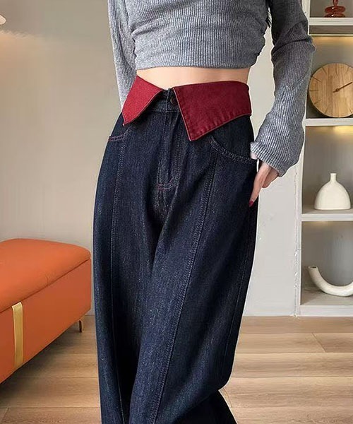 gossip！ロサンゼルス（ゴシップロサンゼルス）の「ウエストフリップ配色デザイン ハイウエストワイドデニムパンツ レディース ロング丈 Y2K インディゴ（デニムパンツ・レディース・インディゴブルー・S/L/M）」の12枚目の写真