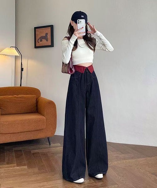 gossip！ロサンゼルス（ゴシップロサンゼルス）の「ウエストフリップ配色デザイン ハイウエストワイドデニムパンツ レディース ロング丈 Y2K インディゴ（デニムパンツ・レディース・インディゴブルー・S/L/M）」の13枚目の写真