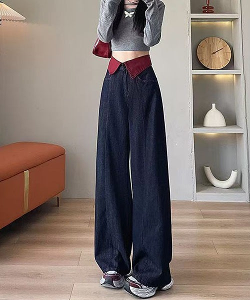 gossip！ロサンゼルス（ゴシップロサンゼルス）の「ウエストフリップ配色デザイン ハイウエストワイドデニムパンツ レディース ロング丈 Y2K インディゴ（デニムパンツ・レディース・インディゴブルー・S/L/M）」の14枚目の写真