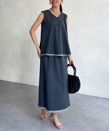 Chez toi（シェトワ）の「シアー重ねブラウス×ナロースカートSET（つなぎ/オールインワン）」