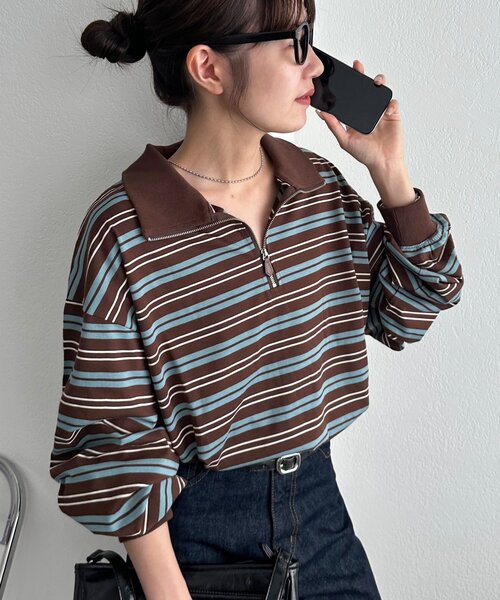 tシャツ 「AW先行予約/ユニセックス」ランダムボーダーハーフジップシャツ レディース メンズ AW先行予約/ユニセックス】ランダムボーダーハーフジップシャツ
