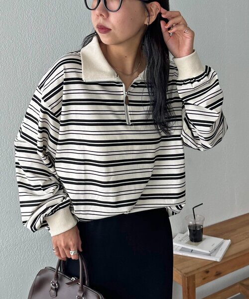 ユニセックス】ランダムボーダーハーフジップシャツ（Tシャツ
