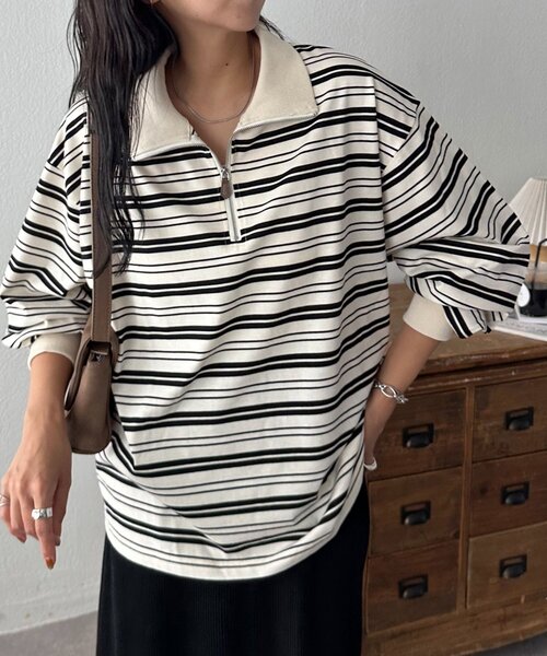 DISCOAT（ディスコート）の「【ユニセックス】ランダムボーダーハーフジップシャツ（Tシャツ/カットソー・レディース・ブラウン/アイボリー・FREE）」の3枚目の写真