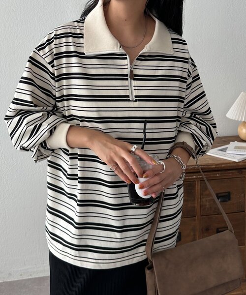 ユニセックス】ランダムボーダーハーフジップシャツ（Tシャツ