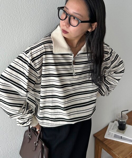 tシャツ 「AW先行予約/ユニセックス」ランダムボーダーハーフジップシャツ レディース メンズ AW先行予約/ユニセックス】ランダムボーダーハーフジップシャツ