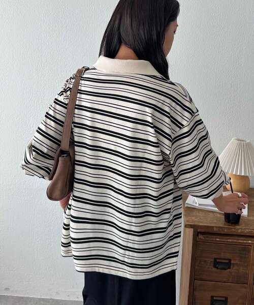 ユニセックス】ランダムボーダーハーフジップシャツ（Tシャツ