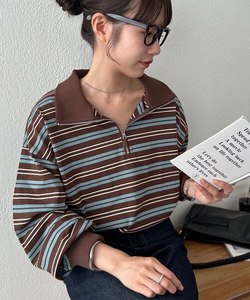 tシャツ 「AW先行予約/ユニセックス」ランダムボーダーハーフジップシャツ レディース メンズ AW先行予約/ユニセックス】ランダムボーダーハーフジップシャツ