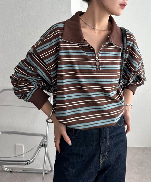 C/NP ボーダー ハーフジップ カットソー セール】【ユニセックス】ランダムボーダーハーフジップシャツ（T