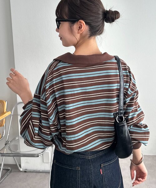 ユニセックス】ランダムボーダーハーフジップシャツ（Tシャツ