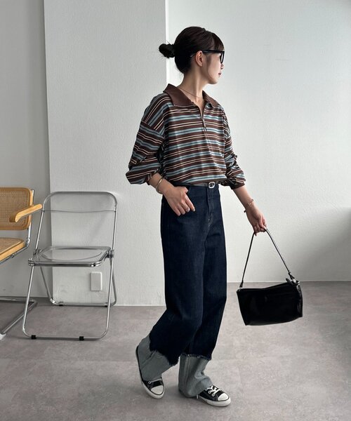 ユニセックス】ランダムボーダーハーフジップシャツ（Tシャツ