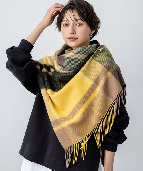 a*7様 カシミヤ イエロー 黄 大判 チェック ストール ショール ユナイテッ カシミヤ チェック ストール（ストール/ショール）｜23区（ニジュウ