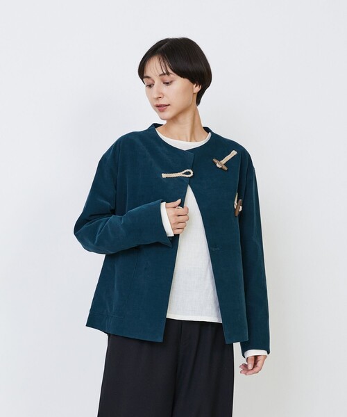 LOISIR(ロワズィール)の「コットン細コールジャケット(ノーカラージャケット・レディース・ブラウン/グリーン/キナリ・FREE)」の3枚目の写真