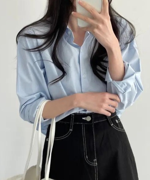 cammie（キャミー）の「ショート丈カラーシャツ（シャツ/ブラウス・レディース・イエロー/ネイビー/ミント/ブルー/ホワイト・LARGE/MEDIUM）」の5枚目の写真