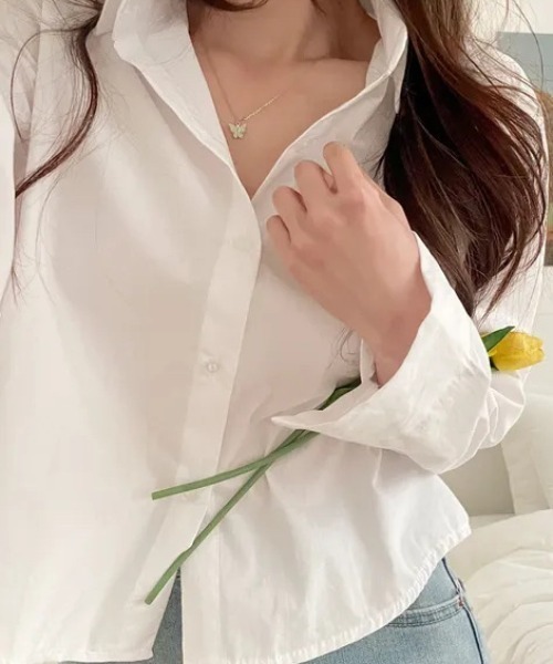 cammie（キャミー）の「ショート丈カラーシャツ（シャツ/ブラウス・レディース・イエロー/ネイビー/ミント/ブルー/ホワイト・LARGE/MEDIUM）」の9枚目の写真