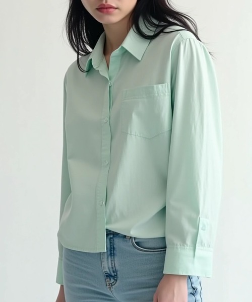 cammie（キャミー）の「ショート丈カラーシャツ（シャツ/ブラウス・レディース・イエロー/ネイビー/ミント/ブルー/ホワイト・LARGE/MEDIUM）」の13枚目の写真