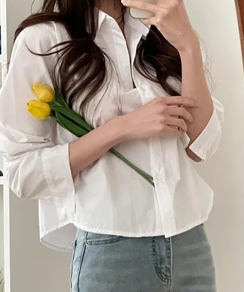 cammie（キャミー）の「ショート丈カラーシャツ（シャツ/ブラウス・レディース・イエロー/ネイビー/ミント/ブルー/ホワイト・LARGE/MEDIUM）」の8枚目の写真