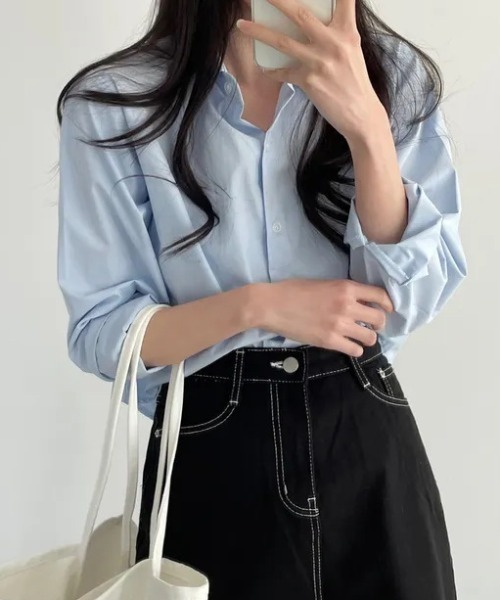 cammie（キャミー）の「ショート丈カラーシャツ（シャツ/ブラウス・レディース・イエロー/ネイビー/ミント/ブルー/ホワイト・LARGE/MEDIUM）」の21枚目の写真